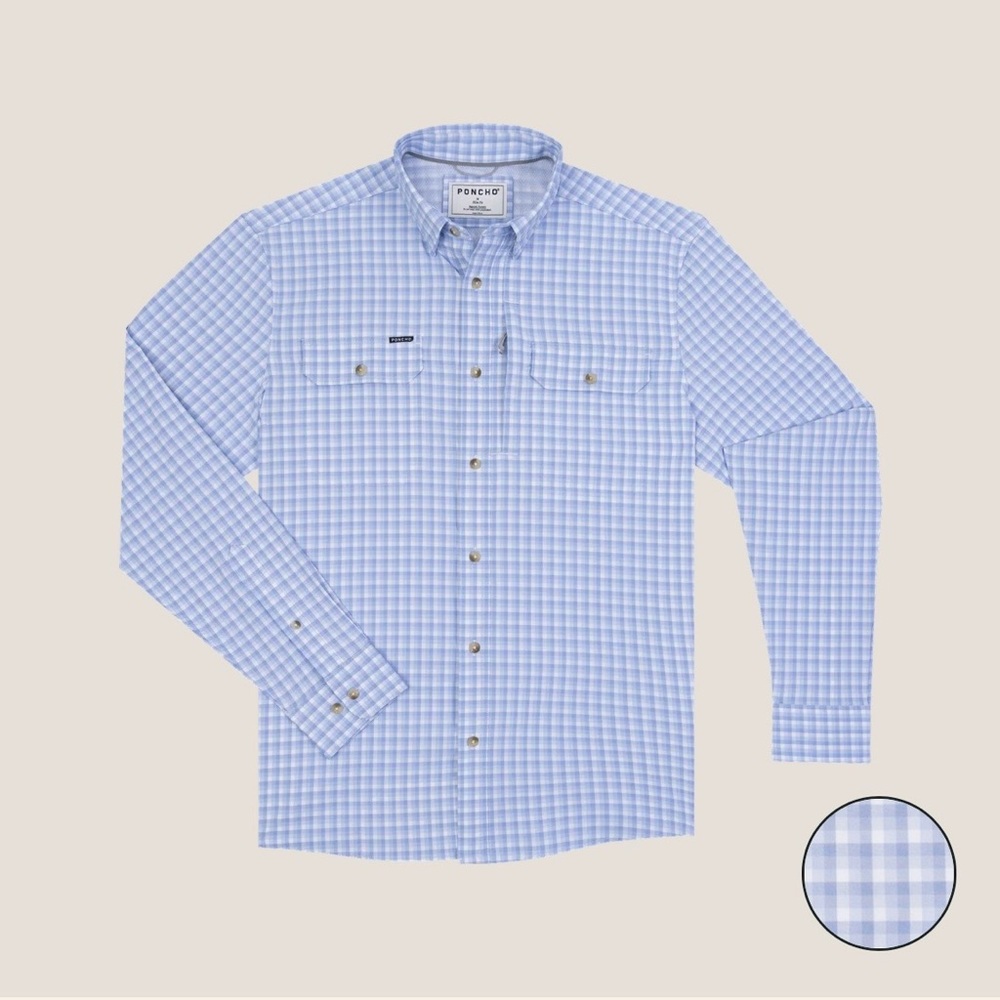 Poncho Wahoo Light Blue Plaid Long-Sleeve Men's Fishing Shirt Sz L Regular Fit